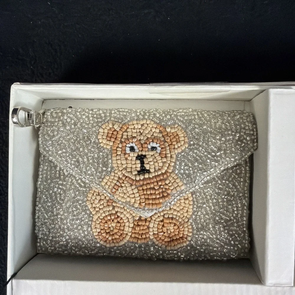 Rachel Zoe Silver Beaded Bear Clutch Shoulder Strap Card Case Bag Charm